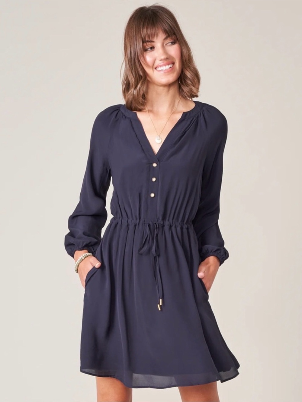 Spartina Catalina Drawstring Mini Dress Slate Blue Long Sleeve Medium - Picture 3 of 16